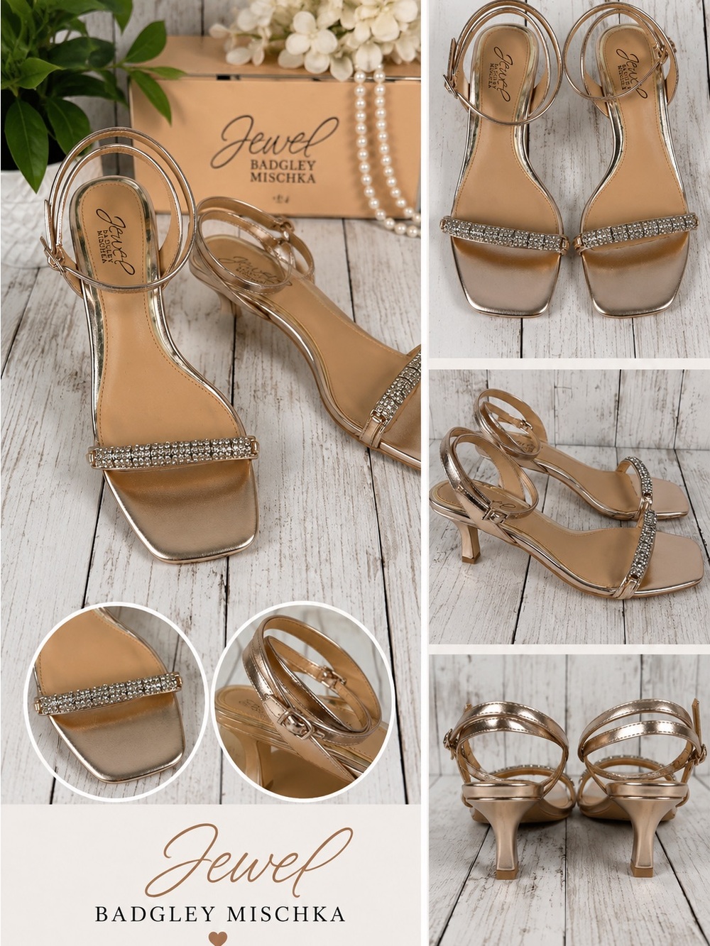 Jewel Bagley Mischka Charisma Kitten Heel Rhinestone Rose Gold Sandals 7.5 NEW